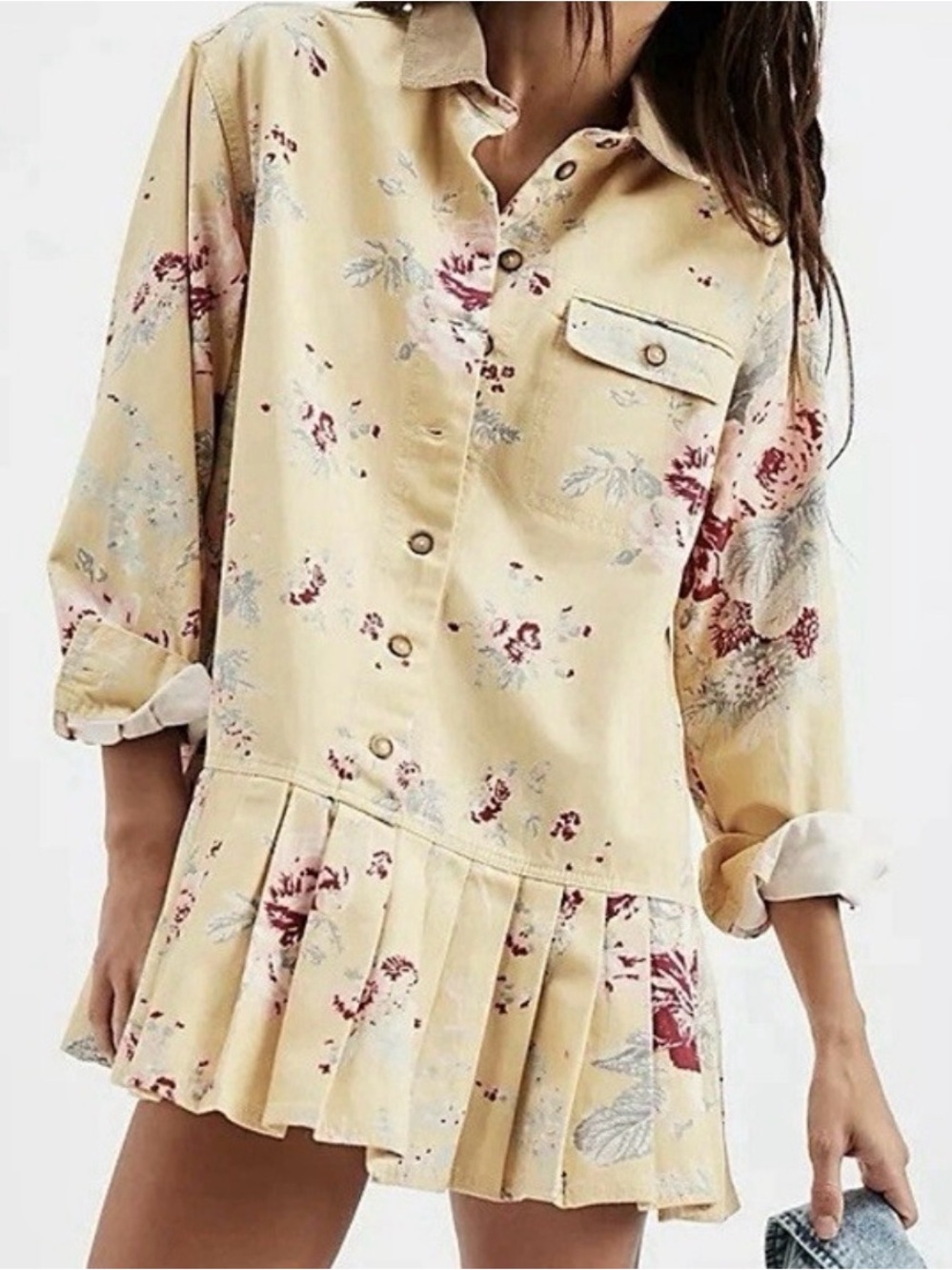 Free People Yellow Floral Pleated-Hem Shirt Dress